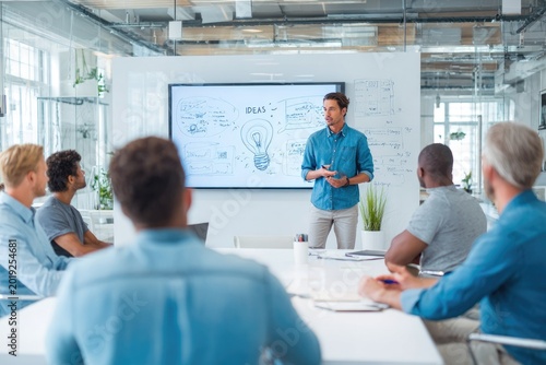 Business Meeting Presentation with Ideas and Lightbulb Diagram