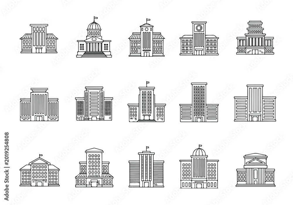 Fototapeta premium Set of various city building icons in line art style, including skyscrapers and government buildings