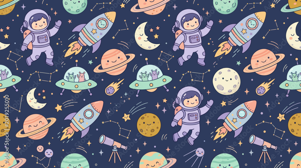 Naklejka premium Cute Cartoon Astronauts, Rockets, Planets, and UFOs Space Pattern Vector Illustration for Kids