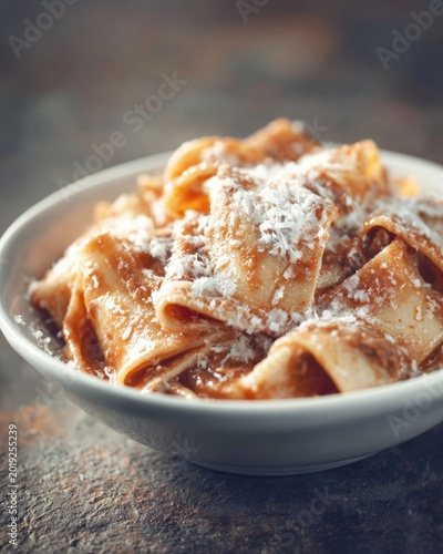 Pappardelle pasta with rich sauce and grated cheese in a white bowl