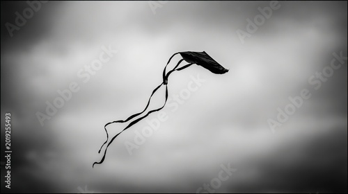 Kite on broken string vanishing into leaden sky, minimalist wide composition, ample negative space emphasizing emptiness after release
