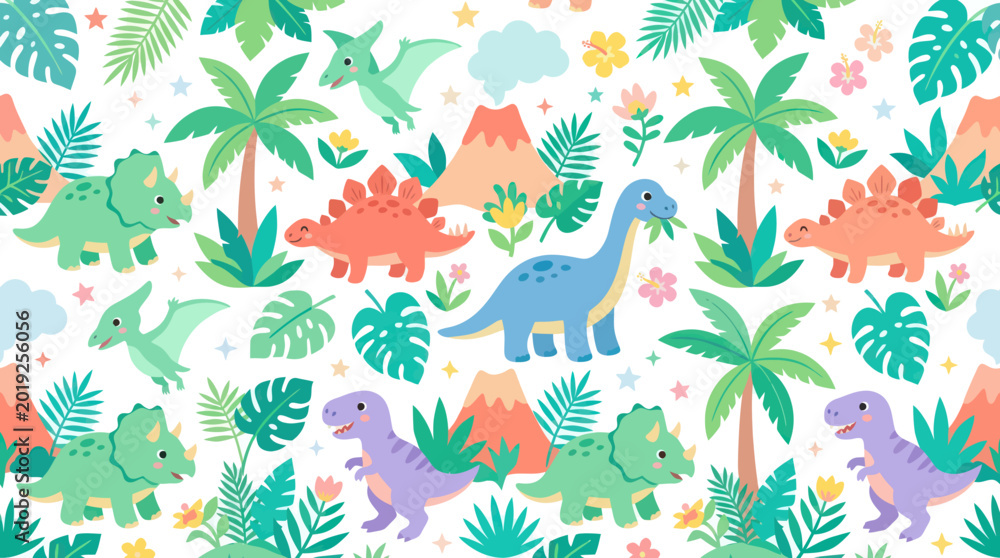Obraz premium Cute Flat Cartoon Dinosaurs Seamless Pattern Background. Childish Prehistoric Nature Landscape.