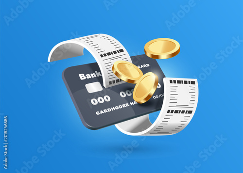 Obraz na plátně Receipt or invoice and gold or dollar coins swirl around a black credit card, fl