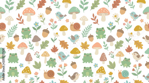 Cute Forest Animals  Nature Seamless Pattern - Frogs, Snails, Birds, Mushrooms - Flat Cartoon Vector for Kids