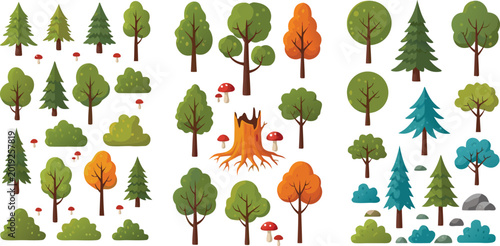 Foto Flat forest tree vector collection featuring various green and autumn deciduous