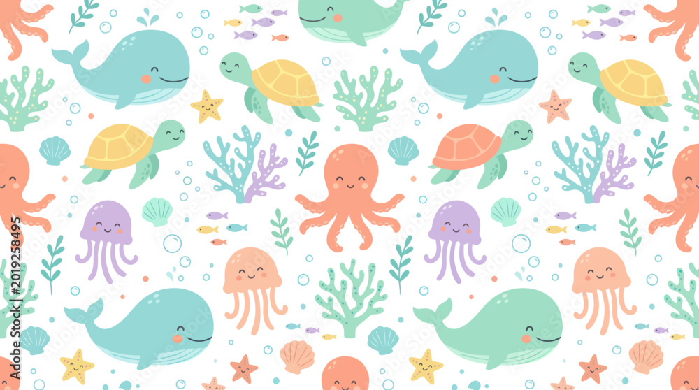 Fototapeta premium Cute Seamless Pattern with Whales, Turtles, Jellyfish, Octopus