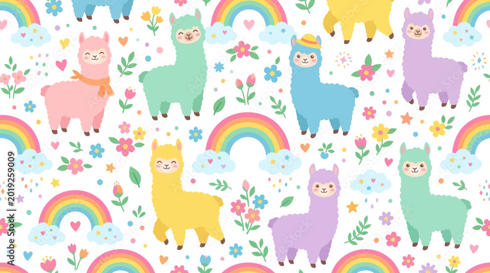 Fototapeta premium Cute Llama and Alpaca Seamless Pattern with Rainbows and Flowers in Flat Cartoon Vector Style for Kids Design