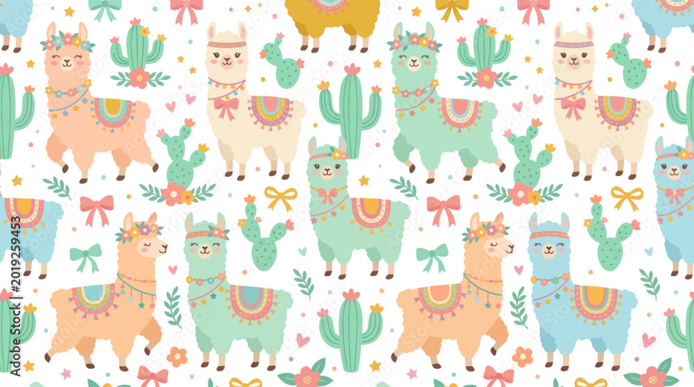 Fototapeta premium Cute Cartoon Llama Alpaca and Cactus Seamless Pattern. Adorable Flat Vector Illustration for Children's Design.
