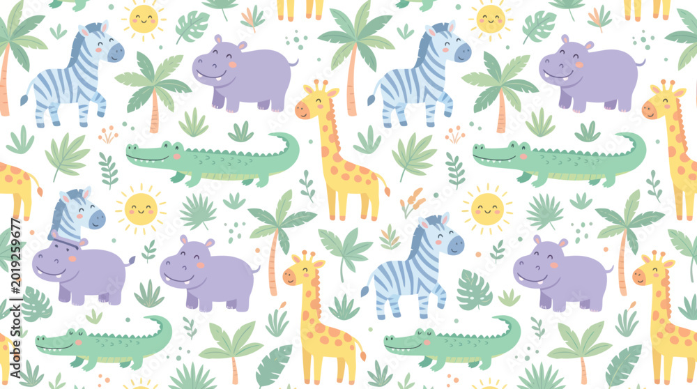 Fototapeta premium Cute Flat Cartoon Safari Animals Seamless Pattern. Happy Zebra, Hippo, Crocodile, Giraffe Vector Illustration for Kids.