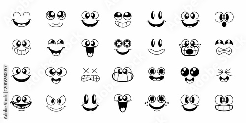 Photos Collection of cartoon smiling faces black and white vector illustrations on a wh