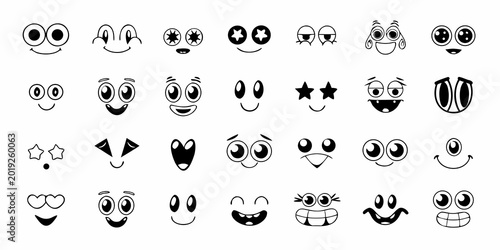 Bild auf Leinwand Collection of black and white cartoon face expressions whimsical hand drawn styl