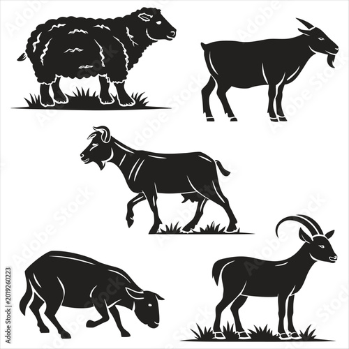 Schilderij op canvas Illustrations of various domesticated and wild ruminant animals grazing and stan