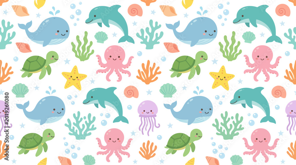 Fototapeta premium Cute Cartoon Flat Illustration Seamless Pattern: Happy Ocean Marine Animals and Underwater Life for Kids.