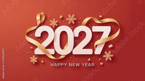 Luxurious 2027 new year festive design with 3D white numerals golden ribbon snowflakes and confetti on warm red background for greeting cards banners and holiday promotions