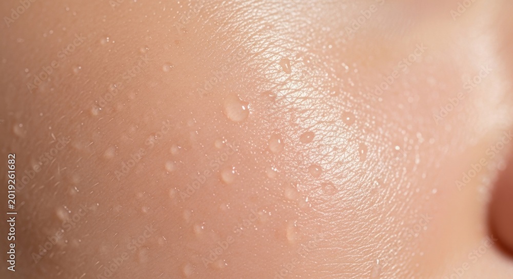 Fototapeta premium Macro Close-up of Human Skin with Water Droplets and Sweat for Skincare and Hydration Concept