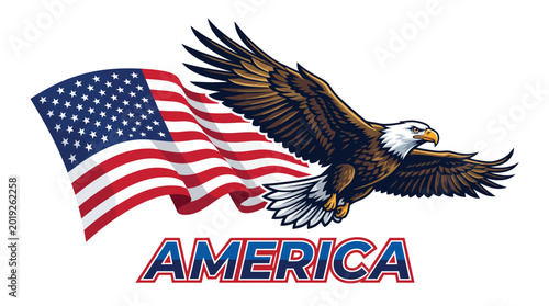 Bald Eagle with America Text and Flag