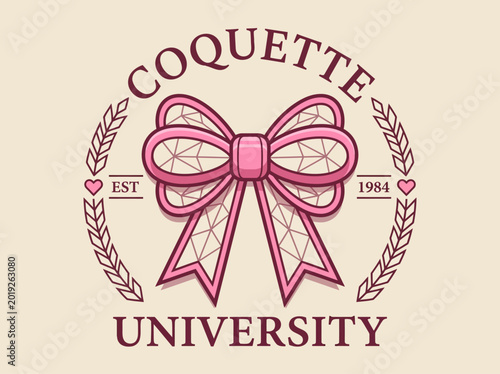 Bild auf Leinwand Coquette University Logo Design with Pink Ribbon Bow, Laurel Wreath and Heart De
