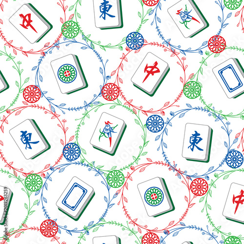 Photos Mahjong tiles seamless pattern with floral wreaths and ornamental circles