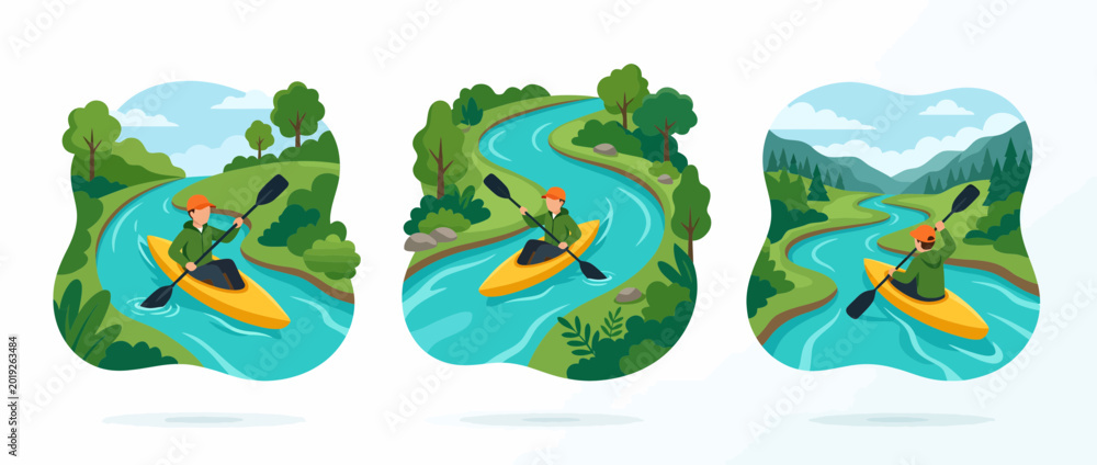 Naklejka premium Teenage Kayaking Adventure on a Winding River in Nature