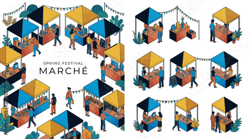 Фотография Isometric Outdoor Spring Market Festival with Food Stalls and People Shopping at