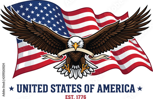Schilderij op canvas Bald Eagle Holding Banner with United States of America Text