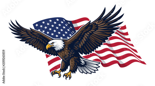 Photos Majestic Bald Eagle in Front of Waving American Flag