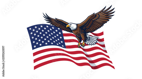 Bald Eagle Flying with American Flag Background