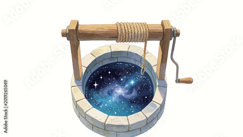 Overhead Watercolor Illustration of a Vintage Stone Well with Wooden Crank Winch, Holding a Glowing Swirling Starry Galaxy Instead of Water, Surreal Whimsical Fantasy Art on Plain White Background