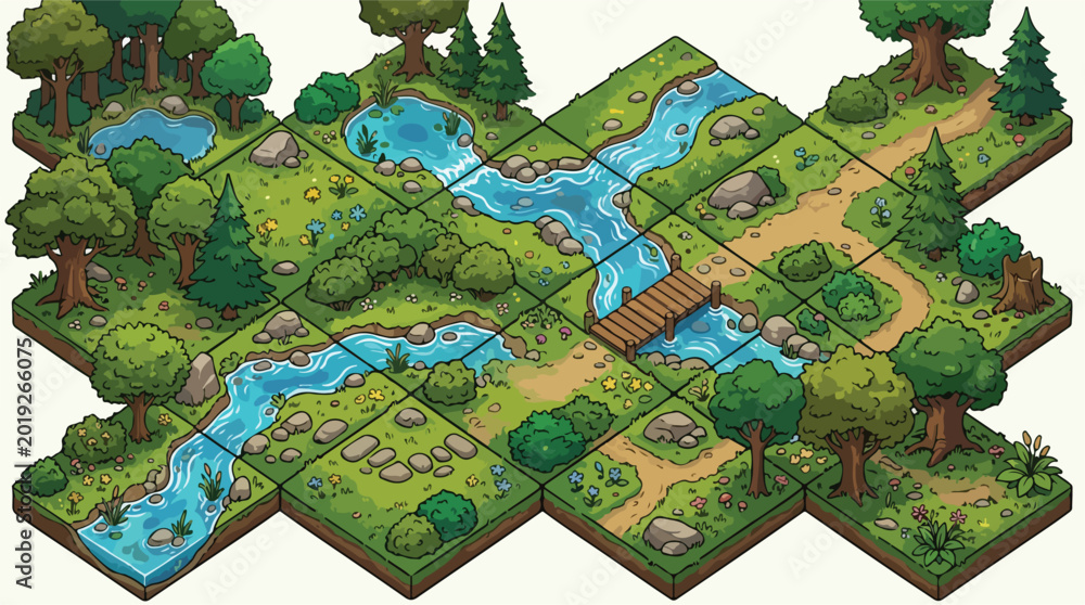 Fototapeta premium Isometric forest landscape tiles, modular game map assets with river and bridge, green woodland environment vector for level design