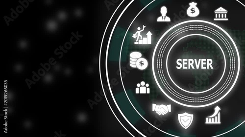Advanced server network technology interface with digital business and global data connectivity hud animation for corporate cloud computing and information