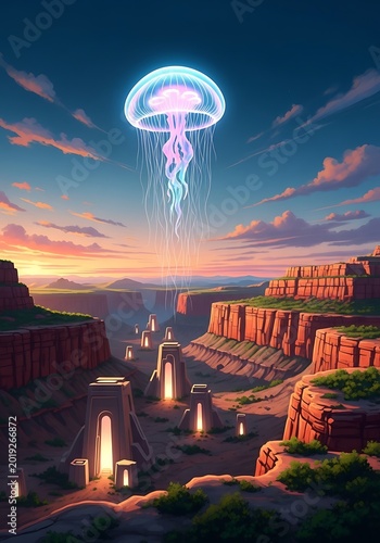 Ethereal glowing marine creature hovers above illuminated ancient structures nestled in a vast canyon landscape during twilight