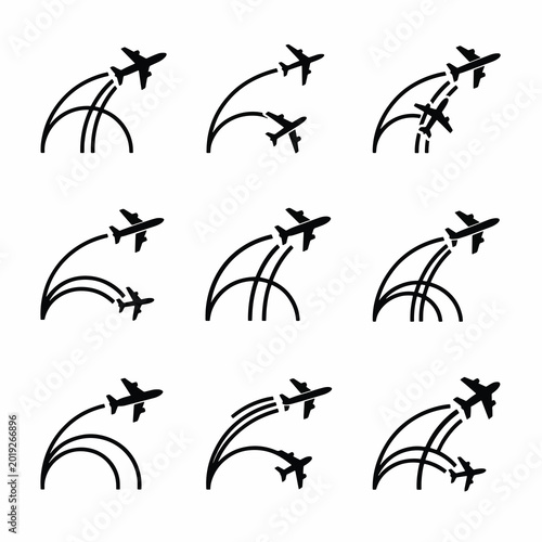 Airplanes in flight formation icons set.