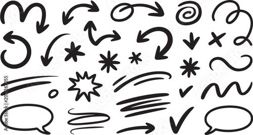Hand drawn arrows, stars, speech bubbles and doodle design elements