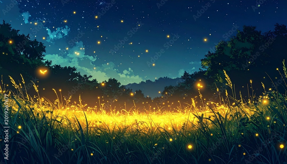 Fototapeta premium Firefly Lights Floating Over Dark Summer Grass at Night