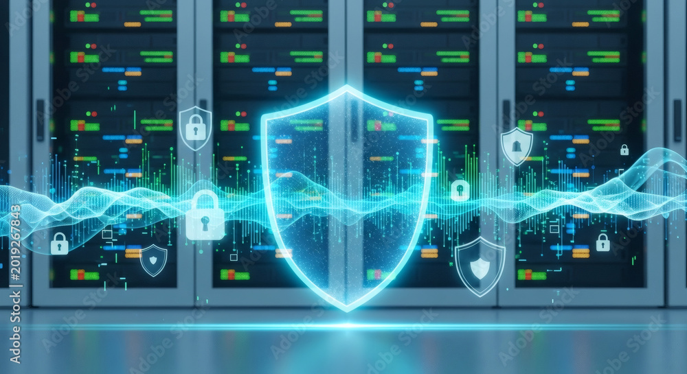 Fototapeta premium Cybersecurity shield protecting critical data in a modern server room, symbolizing robust network defense and information technology security