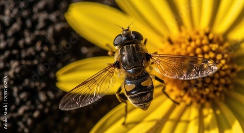 Closeup of a black and yellow hoverfly on a yellow flower with black background insect