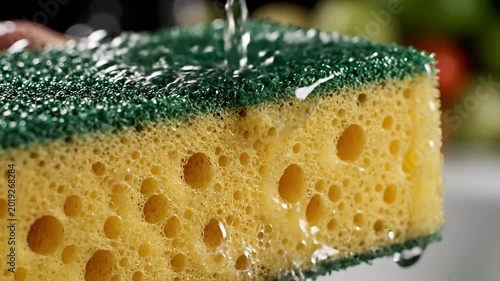 Close up of a yellow sponge with green scrubby side being rinsed with water.