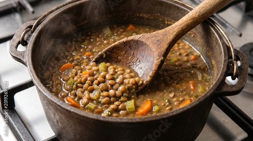 Hearty lentil soup cooking in a rustic pot on the stove with vegetables