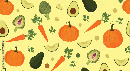 Vibrant seamless pattern featuring autumn harvest vegetables like pumpkins, avocados, carrots, and artichokes on a warm yellow background.