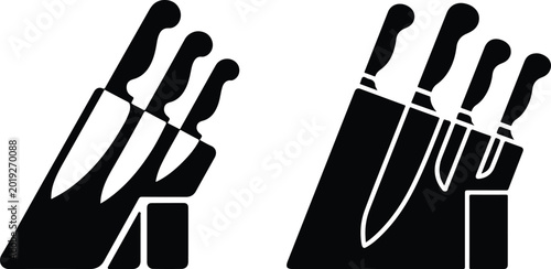 Tableau sur toile Minimalist Wooden Kitchen Knife Block and Sharp Cutlery Set Icon, Modern Culinary Cooking Preparation, Chef Knife Storage, and Gastronomy Vector Graphics