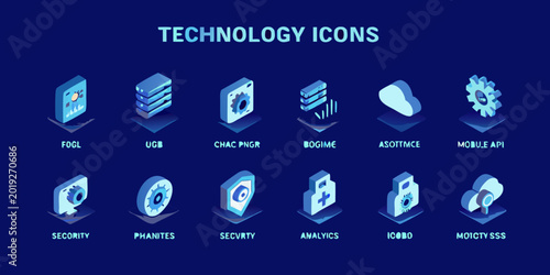 Cuadro en lienzo Isometric technology icons in a grid arrangement blue and white color scheme hig