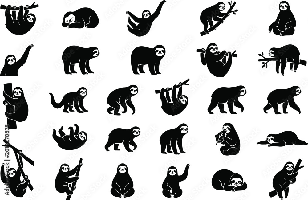 Obraz premium Sloth Silhouette Set – Tropical Hanging Animal Pose Collection Vector