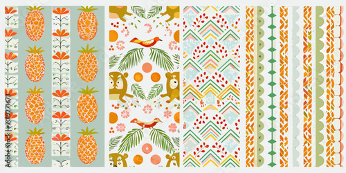 Photography Pastel patterned wallpaper with pineapples birds and animal illustrations on a w