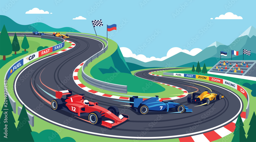 Fototapeta premium Formula Racing Cars on Curvy Racetrack Circuit