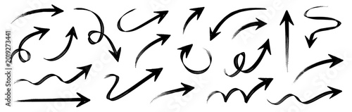 Arrow hand drawn brush set. Crayon hand drawn brush sketch arrow line pencil stroke chalk rough texture. Scribble doodle grunge underline swirl spiral comic fun sign. Vector illustration