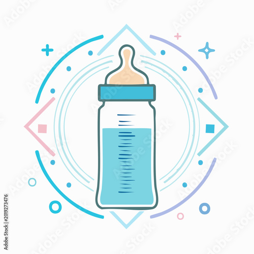 Baby bottle with blue liquid and decorative elements