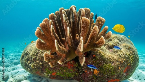 Vibrant coral reef with sea life.