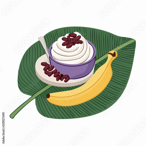 Banana dessert with whipped cream and beans on a banana leaf