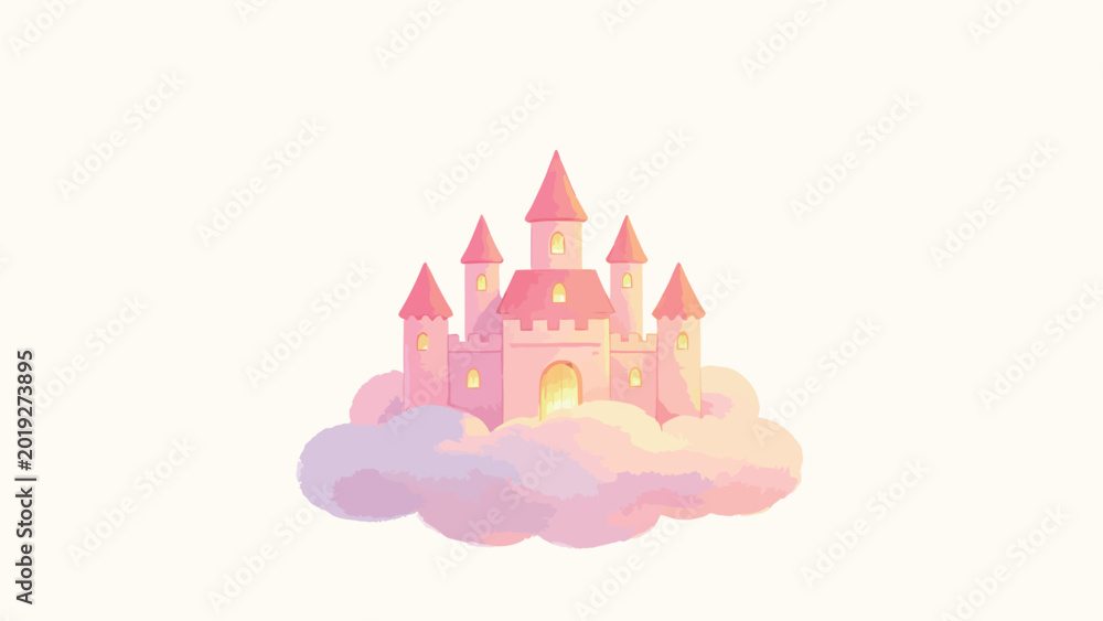 Fototapeta premium Soft Pastel Pink Fairy Tale Castle Perched On Fluffy Cotton Cloud, Warm Glowing Windows, Gentle Dreamy Minimalist Children's Illustration On Clean White Background