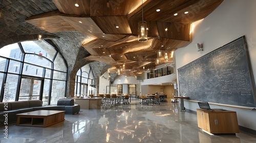Modern Spacious University Lecture Hall with Rows of Empty Desks